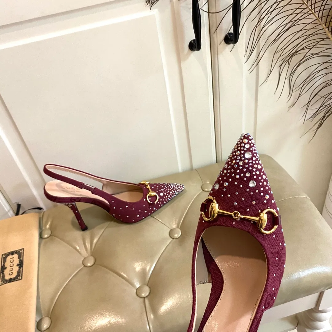👟👟Ex-factory price 660👟👟, Gucci high heels, original canvas embellished with bright crystals, sheepskin lining, leather outsole, size 35-40 (41 customized, non-refundable)